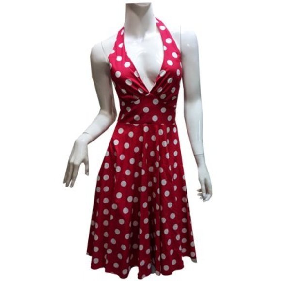 Women's Petite Marilyn Monroe Big Polka‎ Dots Halter Top Dress w/ Padding, Red - Picture 1 of 6
